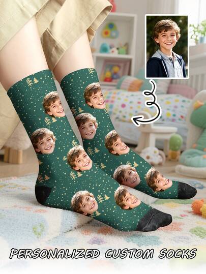 1 Pair Of Customized Face Children's Mid Tube Socks, Put Any Face On Socks,Boy And Girl, Personalized Socks For With Photos, Interesting Customized Picture Pairs With Medium To Long Socks, Suitable For Valentine's Day, Birthdays, Gift Giving