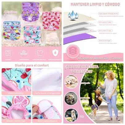 Set de 4 Paales de Perro Femenina Lavables, Paales para Perros Hembra Reutilizables, Sper Absorbentes y Elstico Ajustables, Adecuado para Perro Hembra en Menstrual o Incontinencia, S