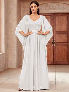 MIUSOL Deep V-Neck Sequin Patchwork Floral Lace Chiffon Formal Party Maxi Dress, Elegant Women's Party Gown - White - View 5