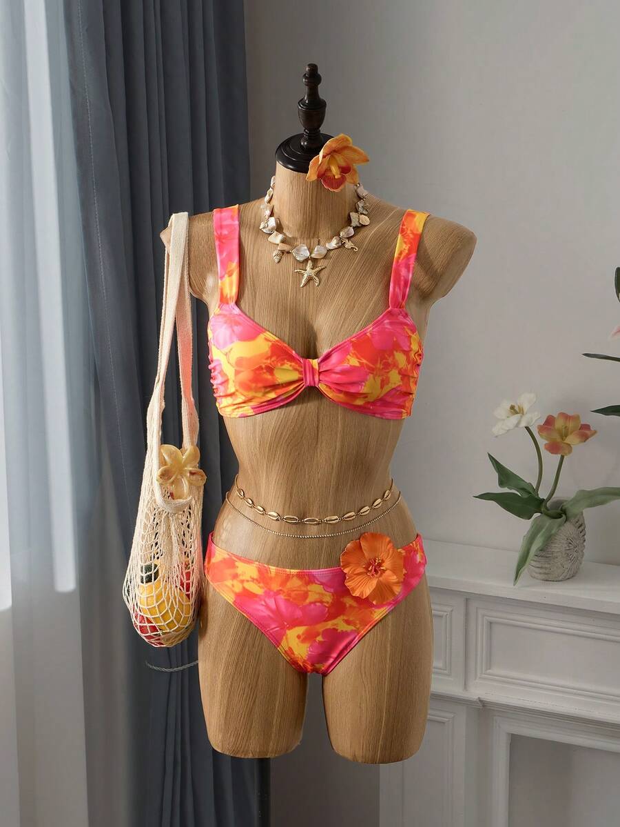 Bellisia 3 pièces/Set Top à bretelles et bikini imprimé floral aléatoire pour femmes, tenue de plage d'été - Multicolore - Voir 1