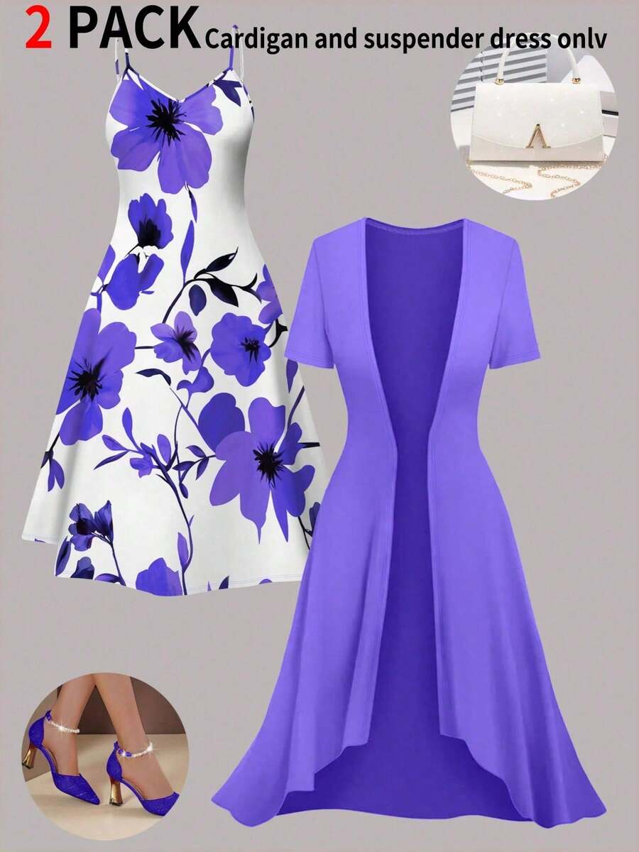 Bộ đồ đôi cỡ lớn dành cho nữ, gồm váy slip in hoa cổ điển và áo cardigan trơn, thích hợp cho mùa xuân/hè. - Màu tím nhạt - Xem 1