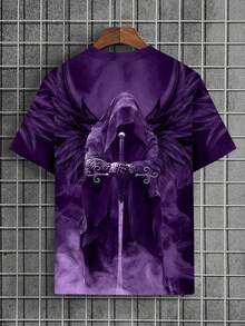Men's Casual Dark Grim Reaper & Angel Print Short Sleeve T-Shirt, Summer - Purple - View 2