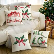 4 Stück Weihnachts-Stechpalmenblatt Illustration Design Kissenbezug Set, einseitig Muster 45*45cm