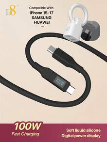 D8 100W 硅胶数字显示 USB-C 数据线 | 超快充电和数据传输二合一 | 数字屏幕实时显示充电状态和功率 | 柔软硅胶材质，抗紫外线，耐磨损，3 英尺长，适合家庭/办公室使用 | 兼容 17/16/15 Pro Max/Air、iPad Pro/Air/Mini | 也兼容三星 S24/S23/S22、14/13、Xperia 和所有安卓手机 - 彩色 - 查看 13