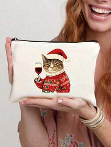 Cute Christmas Cat Holding A Red Wine Cosmetic Bag - A Cat Wearing A Christmas Hat And A Flowery Coat, A Multifunctional Storage Bag With Exquisite Printing And Unique Design, Suitable For Digital Bags, Hairdressing Bags, Swimming Bags,Bedroom Room Decor,Back To School - Multicolor - View 2