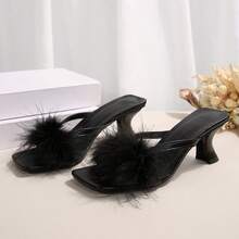 女士时尚高跟毛绒凉鞋，女士黑色休闲鞋 - 黑色 - 查看 12