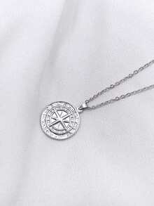 1pc 18K Gold Plated Stainless Steel Viking Compass Pendant Necklace, Metal Coin Badge Stylish Versatile Cross Chain For Men - Multicolor - View 11