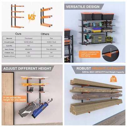 Lumber Storage Rack, Upgrade Folding Lumber Rack Wall Mount, Heavy Duty Metal 8 Level 32 Inch Wood Storage Rack Garage Storage Organization