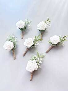 1pc/6pcs Artificial Rose Flower Groom Boutonniere Man Brother Corsage Graduate Pin Suit Wedding Flowers Party Deocration Valentine's Day Accessories - White - View 10