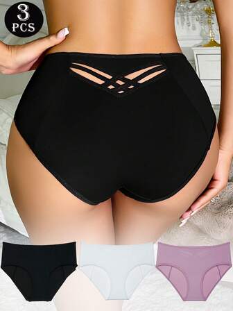 3PCS-Everyday Versatile Women's Underwear Sexy Cross-Straps Pure Desire Light Purple High-Waisted Briefs For Women Comfortable And Cool Light And Solid Color Simple Women's Underwear