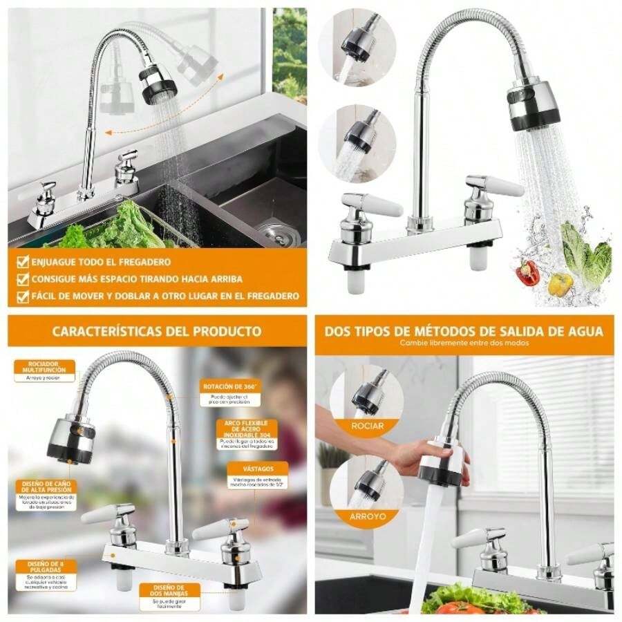 Mezcladora para Fregadero, Llaves para Fregadero de Cocina Flexible con Pulverizador de Modo Dual, Grifos para Cocina con 2 Asas para RV, Mezcladora para Cocina de Acero Inoxidable - inicial - Ver 1