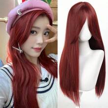 长直红色假发中分假发女式日常使用合成分层红色头发灰粉色直发假发带侧刘海适合万圣节角色扮演派对 60 厘米 1 件 - 彩色 - 查看 9