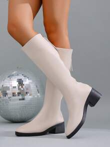 女士V型高筒靴，厚筒，秋冬季，宽筒，西部风格，中跟，修身，及膝骑马靴，户外休闲时尚 - 白色 - 查看 4