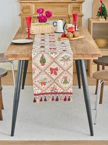 1pc Christmas Atmosphere Table Runner, Red Christmas Stocking With Golden Bell Jacquard Dining Flag, Tea Flag, Rectangular With Tassel, Suitable For Christmas Party Dining Table Decoration, Home Decor