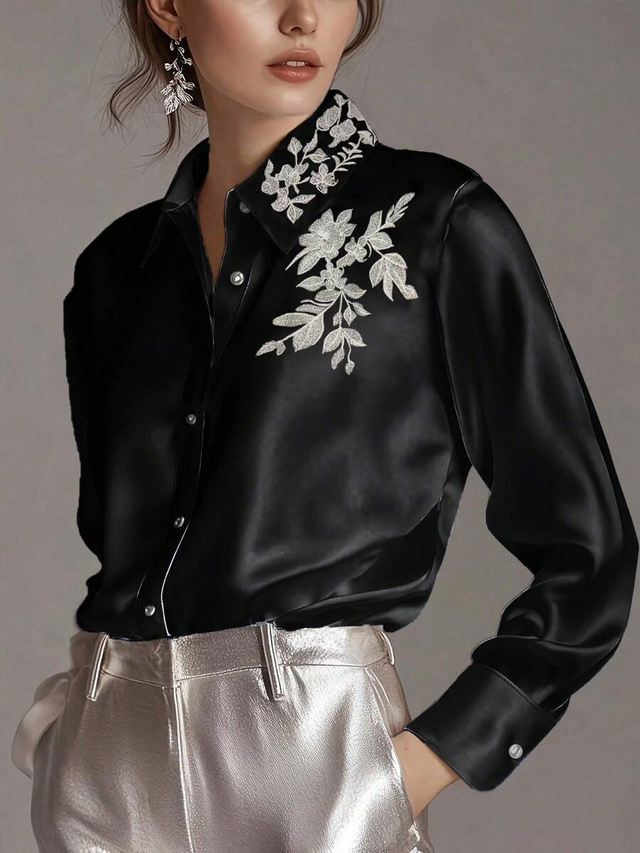 优雅缎面刺绣纽扣长袖衬衫 - 黑色 - 查看 1