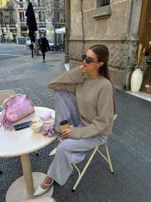 FOR BEAUTY 女士休闲宽松圆领长袖针织衫，百搭日常穿搭，简约纯色套头衫，适合居家、新年等场合，秋冬季穿着。 - 花駝 - 查看 4