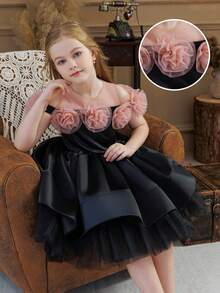 Abito da damigella d'onore per ragazza giovane in stile palazzo con rose 3D in tulle, abito da principessa adatto per feste di compleanno, balli, matrimoni, cerimonie importanti e festival - nero - Visualizzare 9