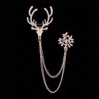 Halloween Deer Versatile Neckline Chain Unisex Brooch, Fashionable Deer Head Small Tree Diamond-Encrusted Suit Brooch, Versatile For Coats, Suits, Dresses, Sparkling Bohemian Zinc Alloy