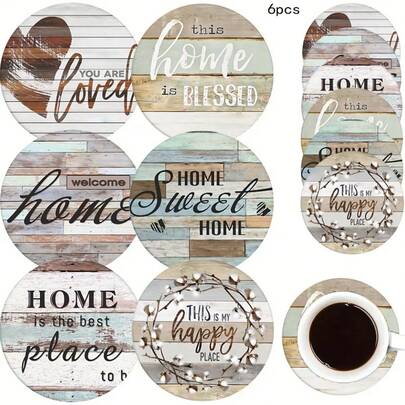 6 Pcs - Round, Creative Wooden Coasters, Made Of Synthetic Wood, Make Ideal Holiday Gifts. This Kitchen Accessory Set Is Perfect For Festive Home Decor And Holiday Tableware, And Is Perfect For Coffee Tables, Apartments, And Bars For Cups And Beer Mugs. It Can Also Be Used As A Small Decorative Element For Wall Art.
