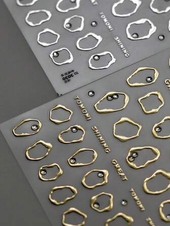 1 pieza Pegatinas de arte de uñas con marco asimétrico de plata 5D con cristales de rhinestone, diseños de manicura para uñas largas, pegatinas de arte de uñas con marco metálico asimétrico abstracto de plata 5D con cristales de rhinestone, diseños de manicura, calcomanías de arte de uñas DIY