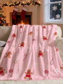 1 pieza Manta de franela con diseño de hombre de jengibre rosa navideño, bastón de caramelo, copos de nieve y lunares, 280 g/m², manta de tiro, manta para cama, tapiz, alfombra, resistente al desgaste, no suelta pelo, no se descascarilla, no se descolora, adecuada para decoración del hogar, las cuatro estaciones, decoraciones de invierno, decoración de dormitorio, artículos de decoración de habitación, decoración de sala de estar, manta de picnic, regalos para mejores amigos, cama.