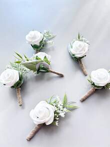 1pc/6pcs Artificial Rose Flower Groom Boutonniere Man Brother Corsage Graduate Pin Suit Wedding Flowers Party Deocration Valentine's Day Accessories - White - View 6