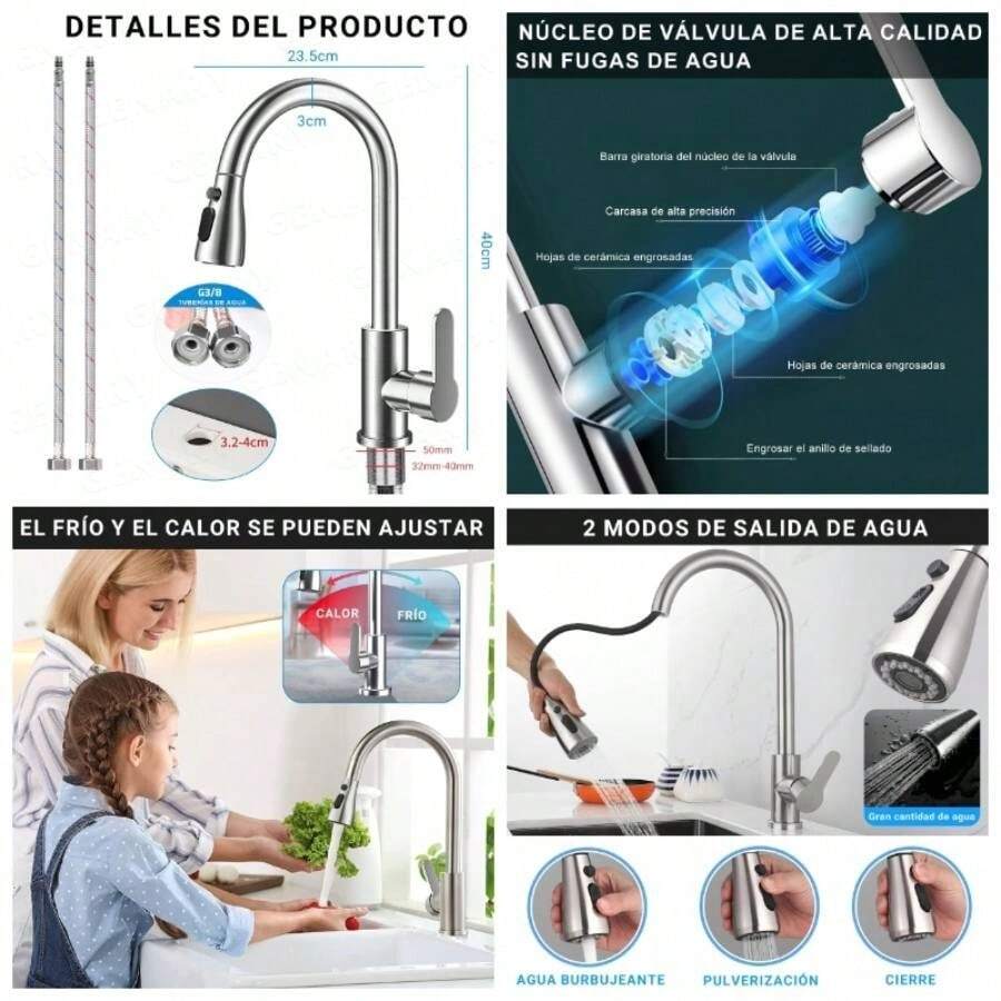 Grifo para Fregadero de Cocina, Mezcladora para Fregadero de Acero Inoxidable 304 con 2 Modos de Chorros y Rotacin 360, Manguera Extrable, Monomando de Cocina para Lavado Eficiente - Plata - Ver 1