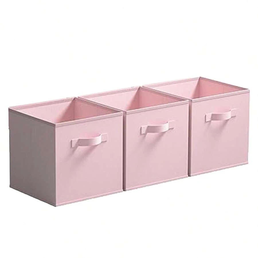 Cubos de tela para almacenamiento, paquete de 3, divertidos cubos de almacenamiento duraderos de colores con asas, cestas plegables para el hogar, color rosa - Rosa - Ver 1