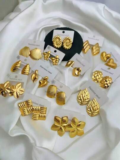 14 Brincos, Brincos de Botão Folha Banhados a Ouro 18K, Flor de Cinco Folhas, O Melhor Presente de Aniversário para sua Namorada no Verão.
