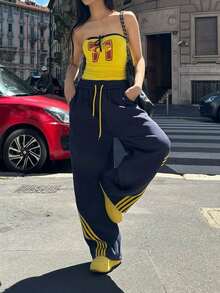 Women's Y2K Baggy Striped Sweatpants, High Waisted Wide Leg Casual Pants, Joggers With Drawstring Waist And Cuffs - màu đen - Xem 3