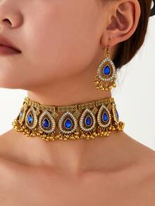 Vintage Exotic Bohemian Palace Style Rhinestone Tassel Pendant Earrings Set, Luxurious Fashion High-End Bridal Wedding Party Necklace Earrings 3-Piece Set - Ancient Gold 8-piece Water Drop Set - View 2