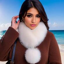 1pc Women's Luxury Faux Fur Scarf, Thickened Long Winter Neck Warmer With Fur Ball Lapel, Elegant Soft Fashion Accessory For Autumn & Cold Weather - trắng - Xem 12