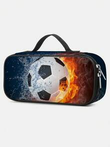 男童大容量多层铅笔盒，足球图案 - 适合学校/中学/大学/学习/办公室使用