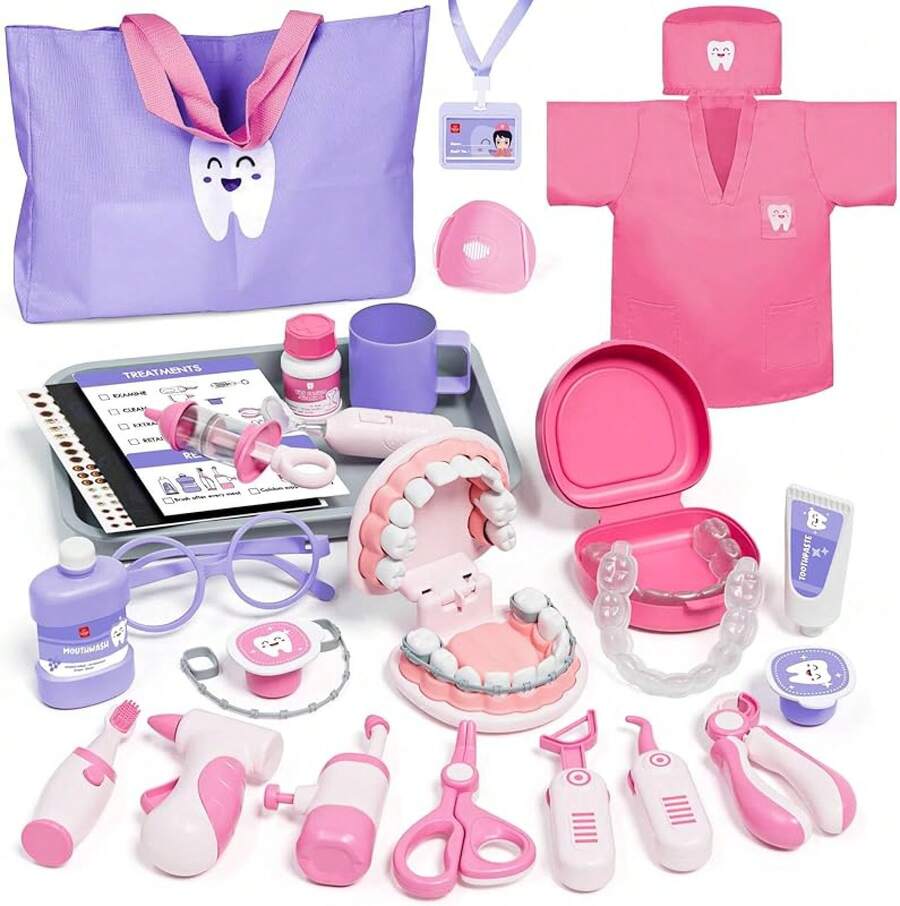 Lehoo Castle Juego de Doctor para Niños, Kit de Doctora Juguetes para Nina y Niño, Doctora Juguetes con Bata de Laboratorio y Instrumentos dentales, Regalos para Niño y Niña de 3+ Años - Juego de Dentista Niñas - Ver 1