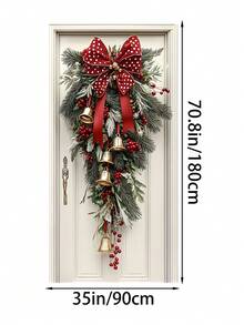 Guirlanda de Natal com laço, sinos dourados e fita vermelha, feita de poliéster, medindo 70,8 x 35,4 polegadas. Uma decoração festiva ideal para a porta de entrada e também para as celebrações de Natal e Ano Novo.