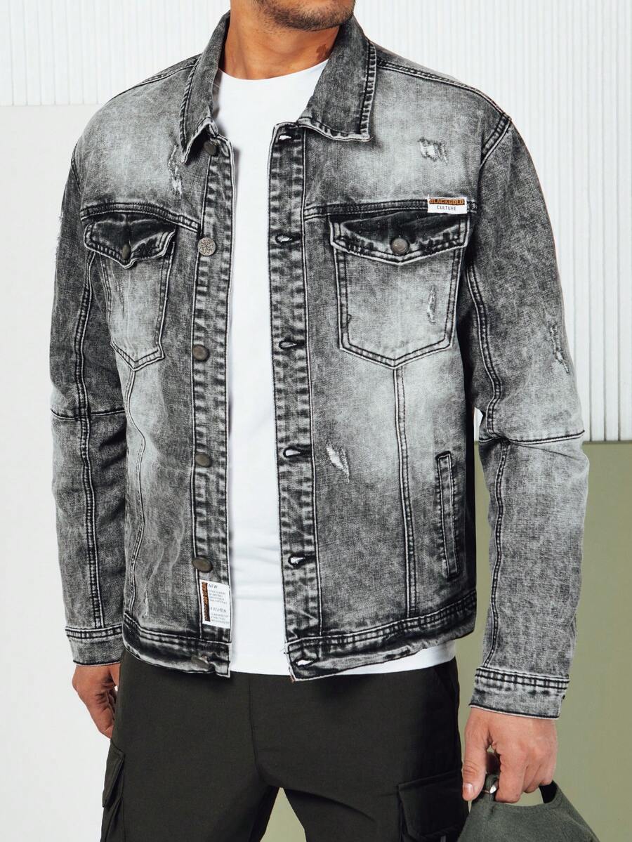 Men's Denim Jacket With Holes And Buttons - Stylish Cotton Stretch Jacket With Urban Style, Perfect For Casual And Street Style - Black - View 1