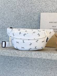 1 Stück Vorderer Reißverschluss Bedruckter Schleifen Nylon Stoff Lässige Brusttasche, geeignet für Teenager Mädchen, weibliche Studenten, Erstsemester und Büroarbeiter, perfekt für Büro, Uni, Arbeit, Geschäft, Pendeln, Outdoor, Reisen, Ausflüge, erster Schultag College Stil Hüfttasche