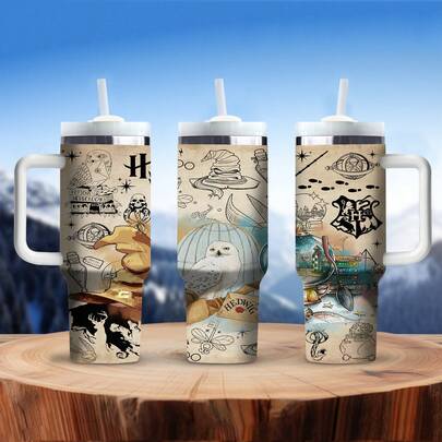 Harry Potter 40盎司不锈钢水瓶，带手柄和吸管，印有哈利波特猫头鹰标志，便携式保温杯，适合户外旅行（带吸管）| 1件