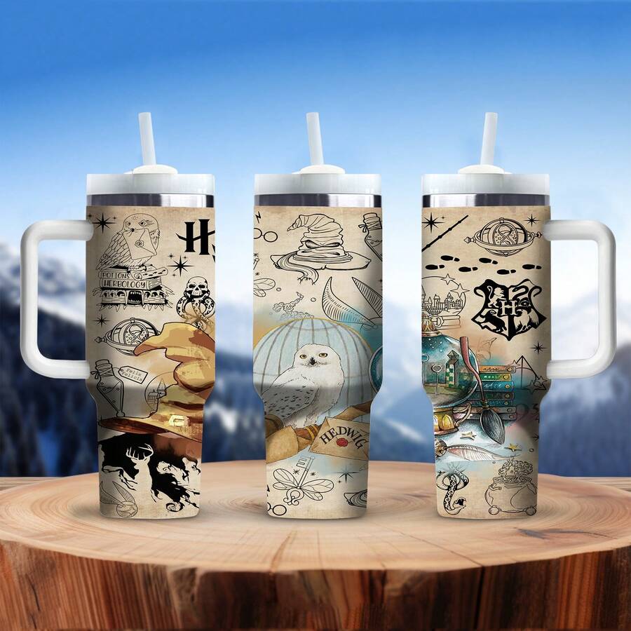 Harry Potter 40盎司不锈钢水瓶，带手柄和吸管，印有哈利波特猫头鹰标志，便携式保温杯，适合户外旅行（带吸管）| 1件 - 彩色 - 查看 1