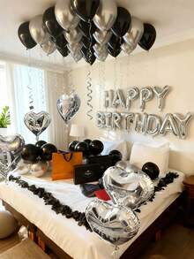 551pcs Silver & Black Birthday Decoration Set | 500 Nonwoven Fabric Petals, Happy Birthday Banner Letters + Love & Heart Foil Balloons | Thick Latex Balloons, Dark Aesthetic Party Background, Suitable For Romantic Bedroom Decor, Midnight Surprise Birthday Party Decor, Influencer Photo Backdrop - Multicolor - View 3