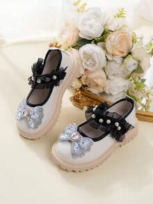 New Soft Bottom Anti- Wear-Resistant Shiny Bow Decor Princess Flat Loafers For Kids - Beige - View 2