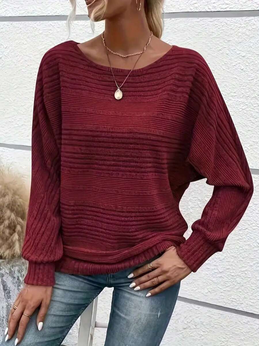 Suéter holgado de cuello redondo y manga de murciélago de unicolor para mujer de talla grande - Rojo - Ver 1