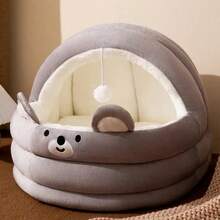 [Soft Plush Texture] Comfortable Pink Plush Cat Bed Suitable For Indoor Cats - Modern Style, Non-Assembled, Removable And Washable Cushioned Soft Cat House With Cute Rabbit Ears And Playful Hanging Balls, Cat Bed - Multicolor - View 11
