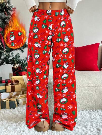 Sanrio 1pc Women's Christmas Themed Fleece Lined Warm Pants, Cute & Comfortable For Autumn/Winter
