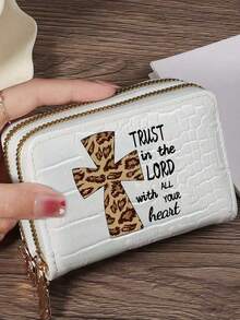 New Double Zipper Wallet Card Holder, Fashionable Wallet Clutch, Printed With Leopard Print Cross Pattern, Believing In God,Waterproof Pu Zipper Short Wallet Handbag, Double Zipper Multi-Function, Exquisite Design, Large Capacity, Compact Size, Suitable For Driver'S License, Business Cards And Other Documents - Multicolor - View 8
