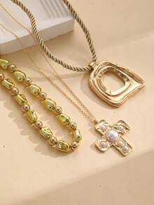 17KM 1 chiếc dây chuyền mặt dây hình vuông rỗng bất đối xứng mạ vàng mờ, dây thừng dày, thích hợp cho nữ giới đeo hàng ngày. - Vàng - Xem 10