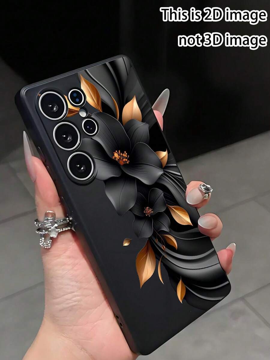 黑色3D立体花卉图案金色叶子手机壳,1个装,时尚黑金花卉图案手机壳,兼容Galaxy A04e/A05s/A13/A14/A15/A34/A35/A50/A52/A53/A54/S21/S22/S23/S24/S25/S25 Ultra,春季礼物,国际版,非国内版 - 黑色 - 查看 1