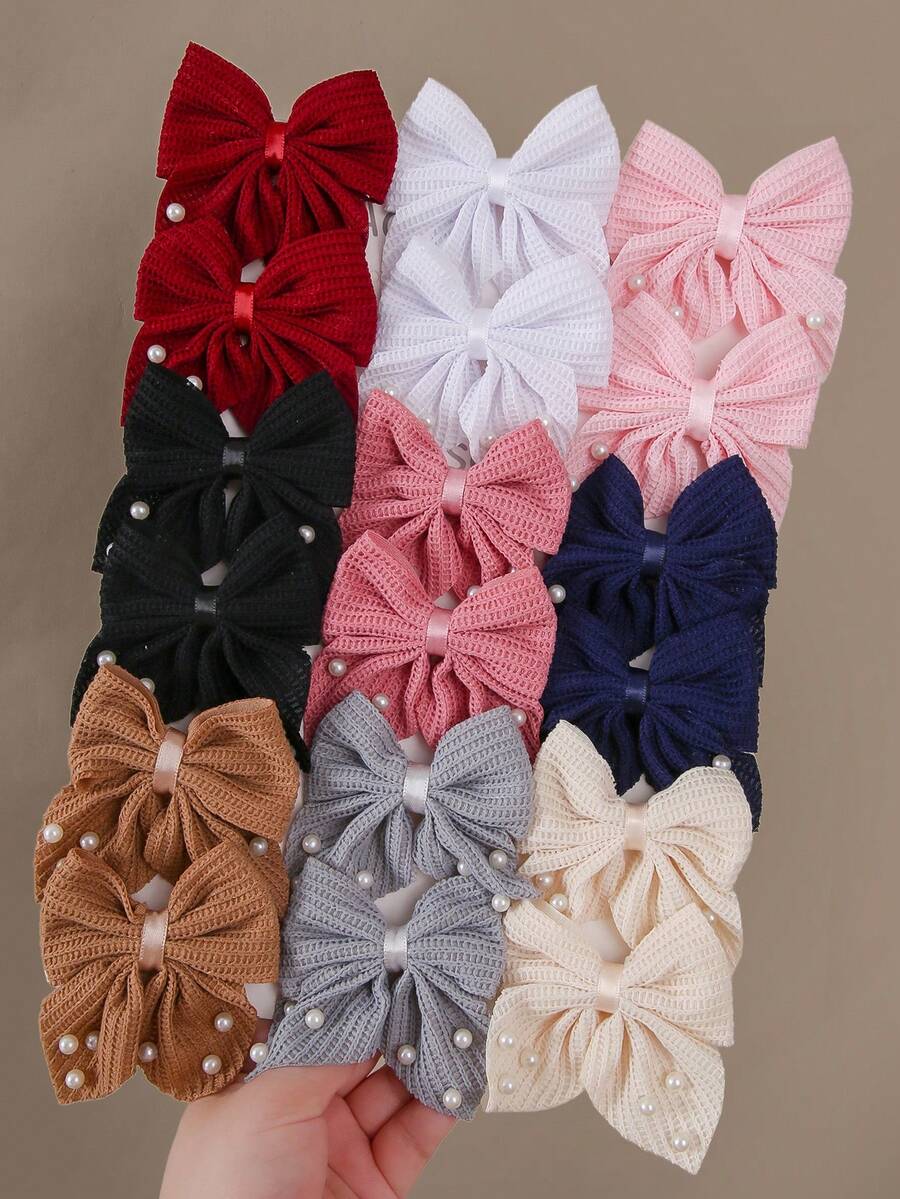 10pcs Girls Multicolor Knitted Fabric Pearl Bowknot Hair Clips, Cute Versatile Barrettes, Simple Non-Damaging Hair Accessories, Suitable For Daily Use - Multicolor - View 1