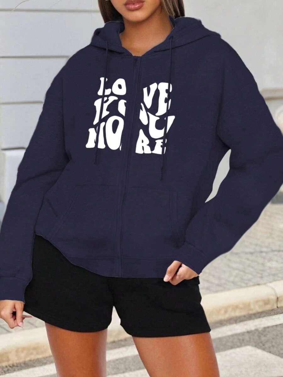 Mujer005 Sudadera con capucha con cremallera del Día de los Muertos invierno sudadera de manga larga cómoda suave Sudadera chaqueta de capucha azul oscuro con impresión de letras blancas que dice "LOVE MORE", perfecta para un look casual y cómodo - Azul - Ver 1