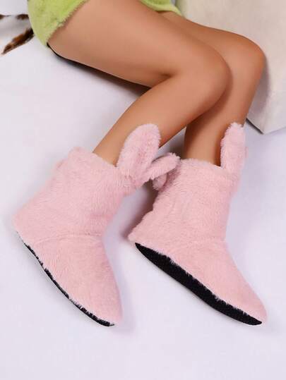 Botas de nieve para mujer con orejas de conejo planas y cálidas, de felpa, de nueva temporada otoño/invierno 2025. Pantuflas de casa con diseño de piel esponjosa, silenciosas y antideslizantes